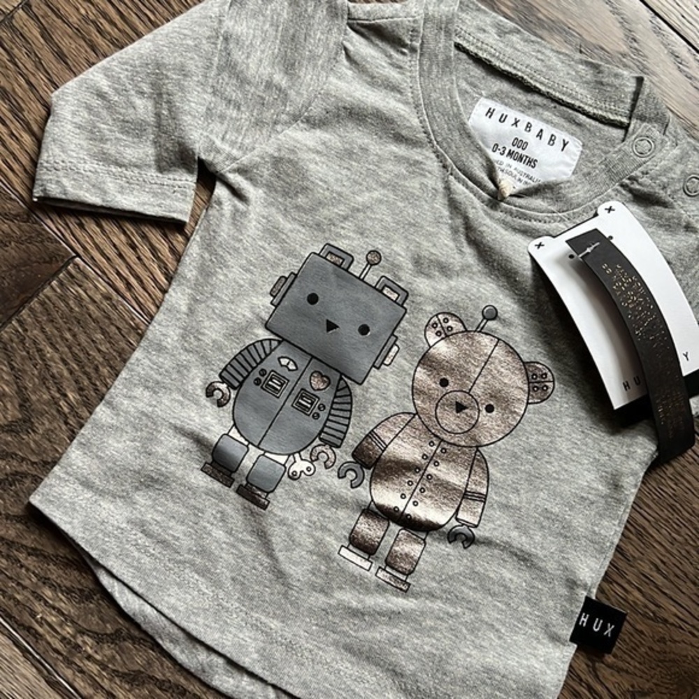 Huxbaby Gray Long Sleeve Tee with Robot and Bear 0-3 months baby girl boy unisex
